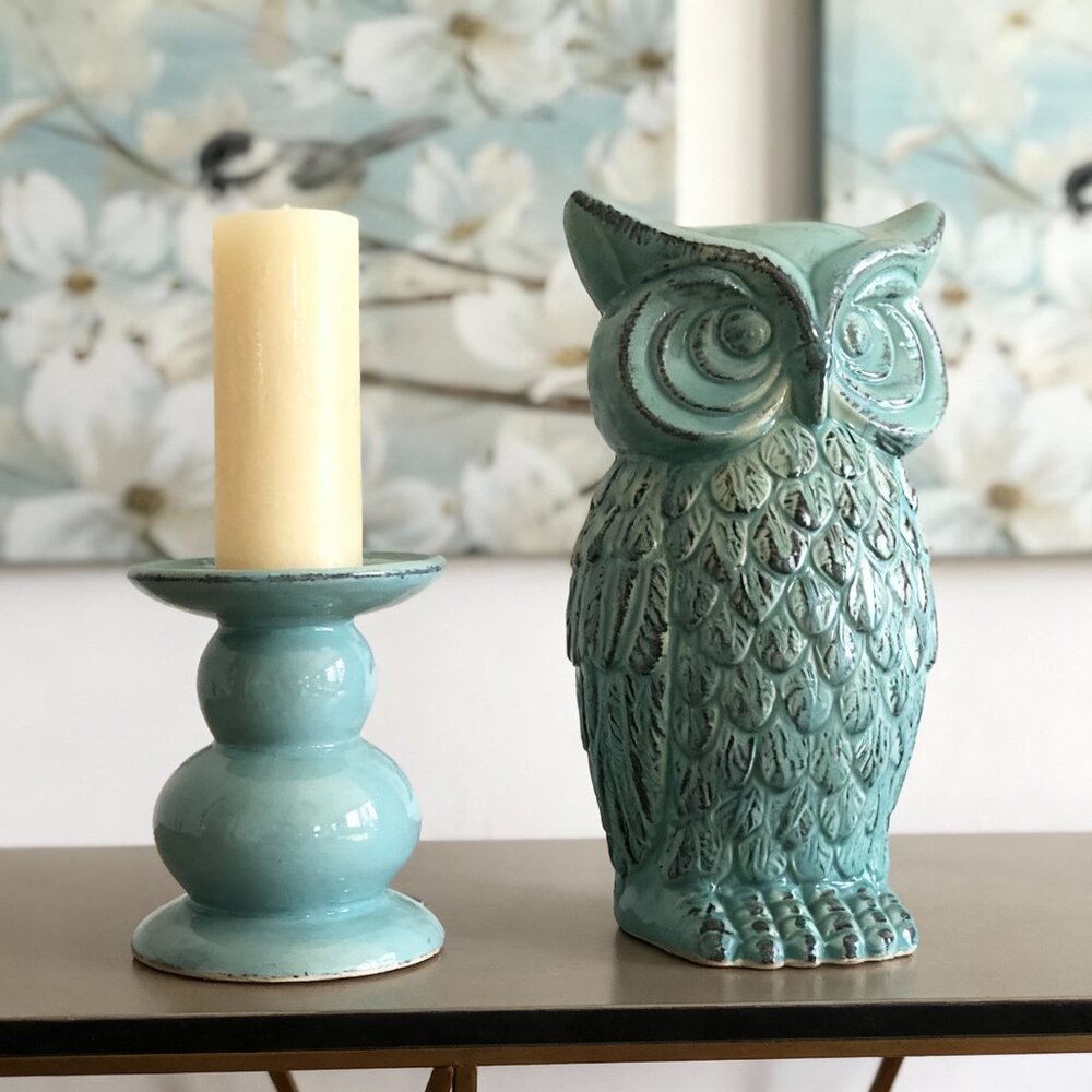 Ceramic Owl Figurine + Candle Holder Set Antiqued Soft Teal Hue & Brown Cozy